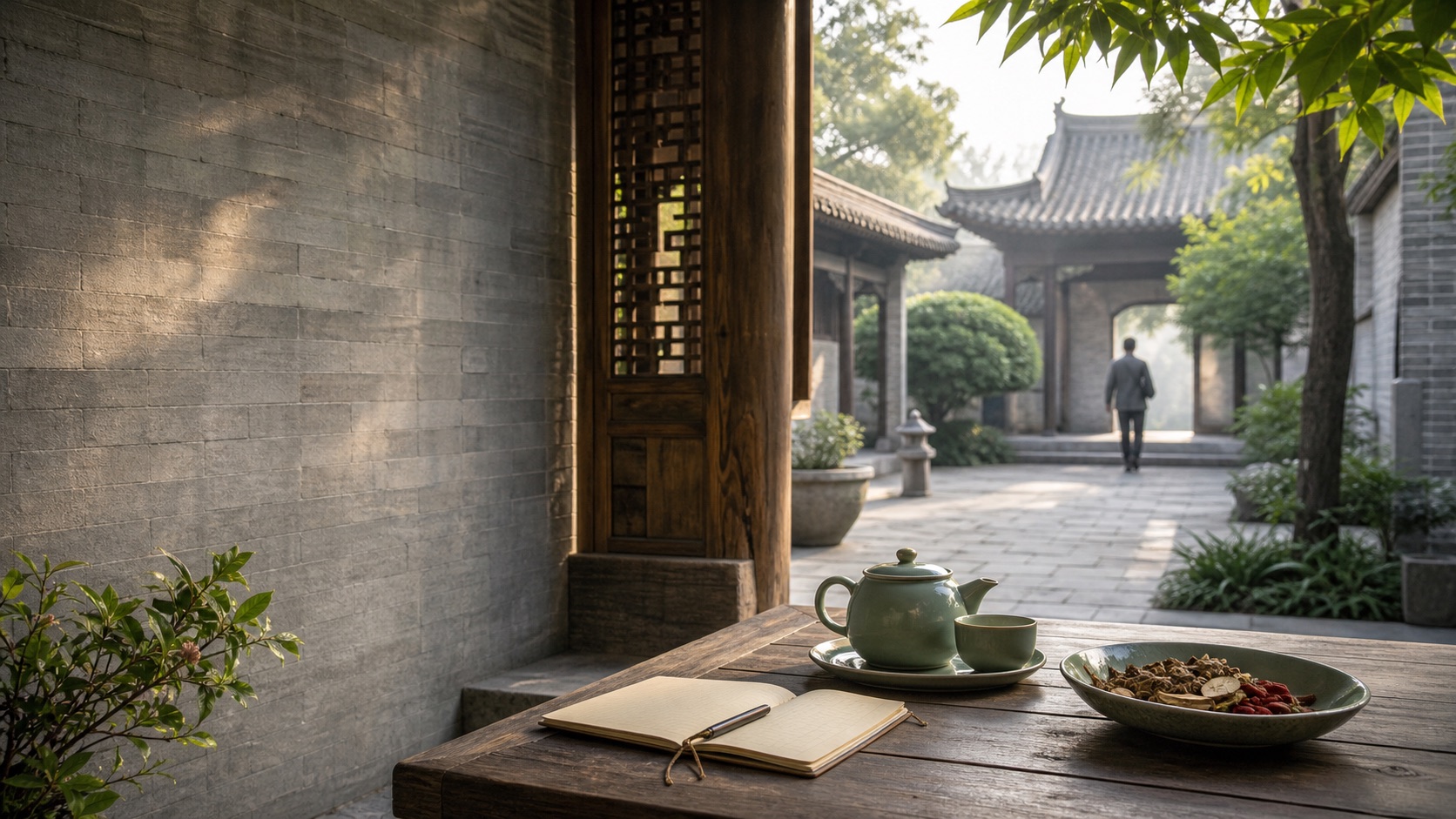 A quiet traditional courtyard in Henan with tea on a wooden table